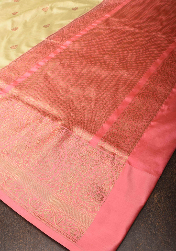 Banarasi Katan Silk Saree in Tea Green with Zari Buttas and Contrast Zari Borders | SILK MARK CERTIFIED