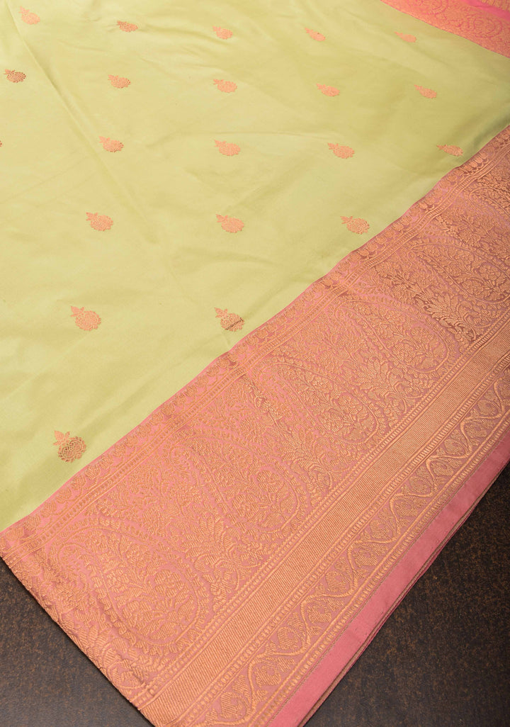 Banarasi Katan Silk Saree in Tea Green with Zari Buttas and Contrast Zari Borders | SILK MARK CERTIFIED