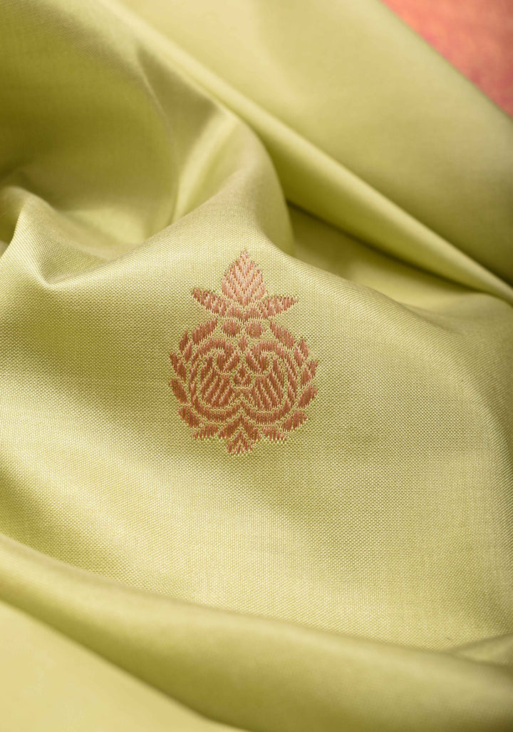 Banarasi Katan Silk Saree in Tea Green with Zari Buttas and Contrast Zari Borders | SILK MARK CERTIFIED