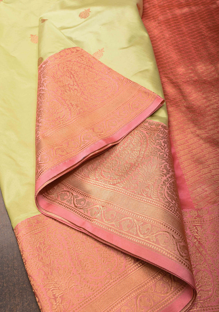 Banarasi Katan Silk Saree in Tea Green with Zari Buttas and Contrast Zari Borders | SILK MARK CERTIFIED