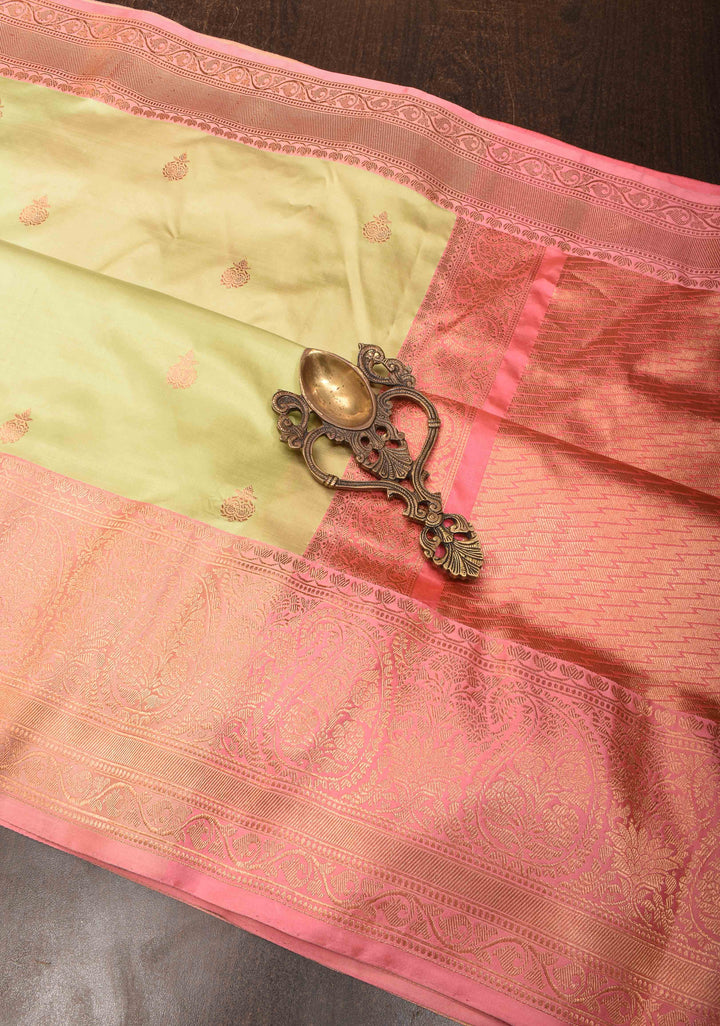Banarasi Katan Silk Saree in Tea Green with Zari Buttas and Contrast Zari Borders | SILK MARK CERTIFIED