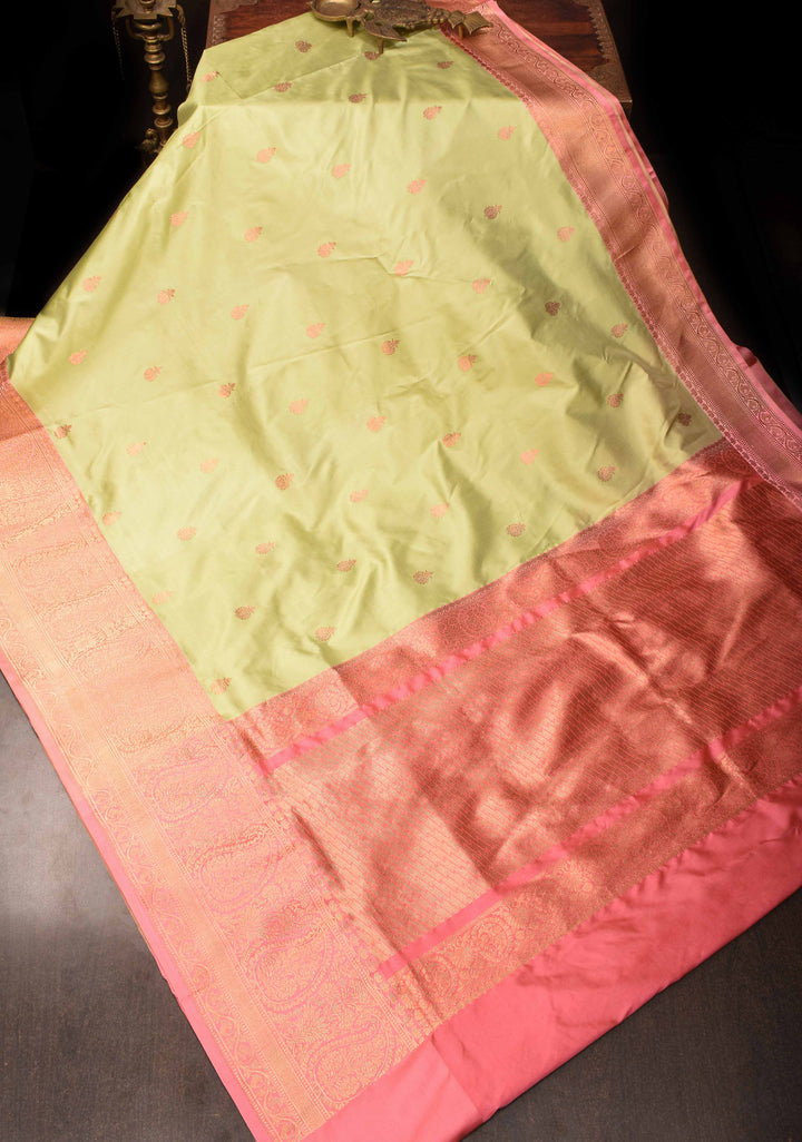 Banarasi Katan Silk Saree in Tea Green with Zari Buttas and Contrast Zari Borders | SILK MARK CERTIFIED