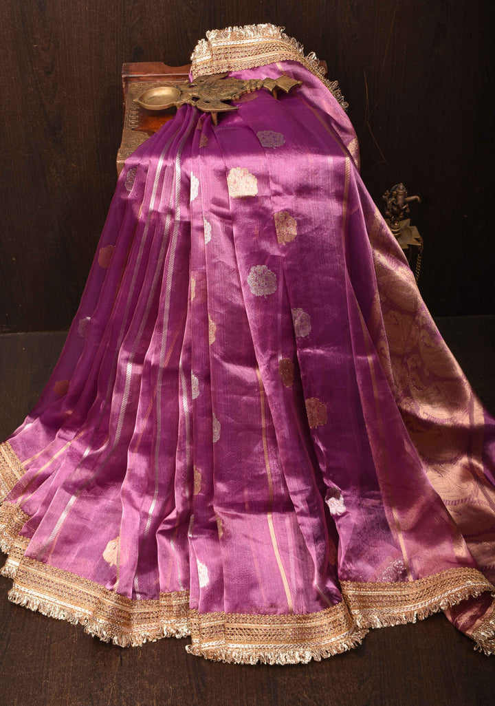 Magenta Banarasi Tissue Handloom Saree with Vertical Sona Rupa and Lace Border | SILK MARK CERTIFIED