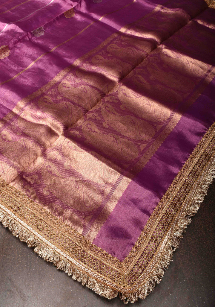 Magenta Banarasi Tissue Handloom Saree with Vertical Sona Rupa and Lace Border | SILK MARK CERTIFIED