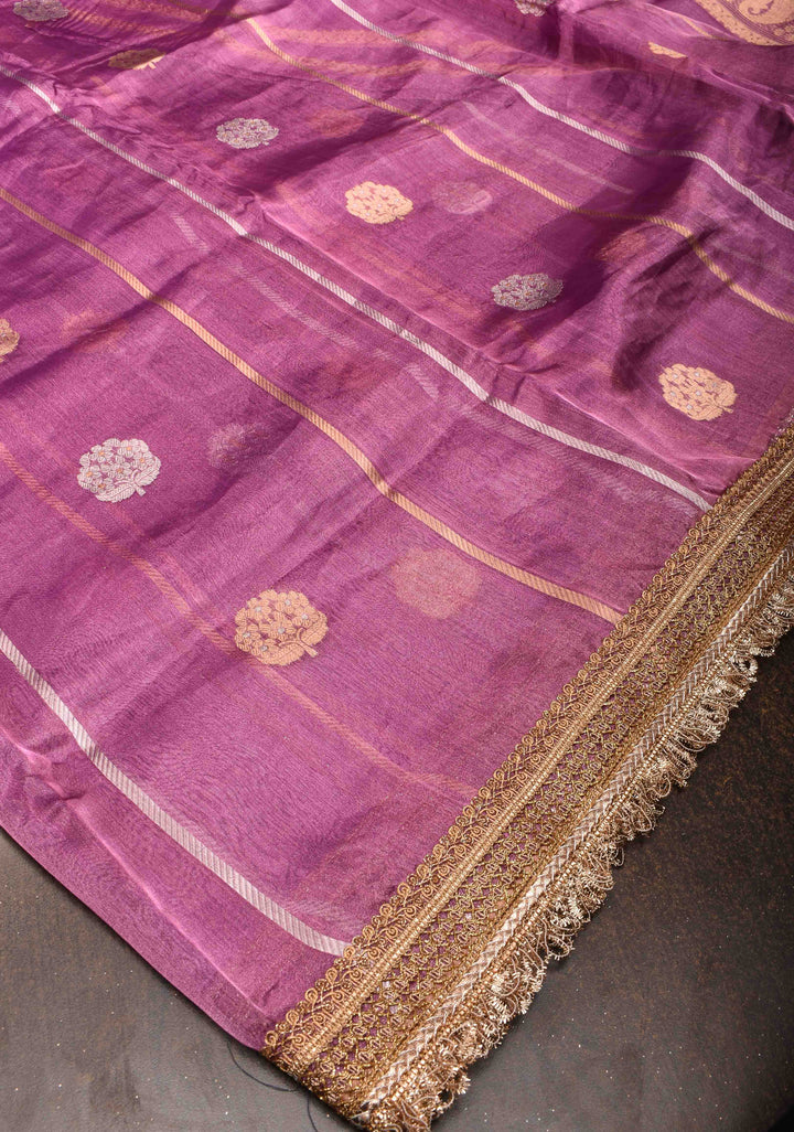 Magenta Banarasi Tissue Handloom Saree with Vertical Sona Rupa and Lace Border | SILK MARK CERTIFIED