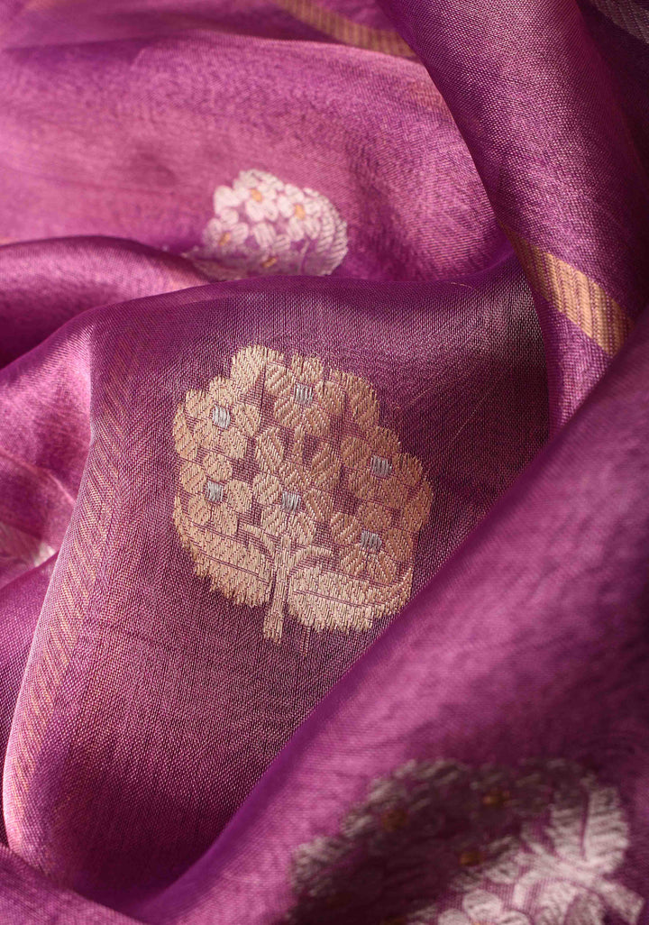 Magenta Banarasi Tissue Handloom Saree with Vertical Sona Rupa and Lace Border | SILK MARK CERTIFIED