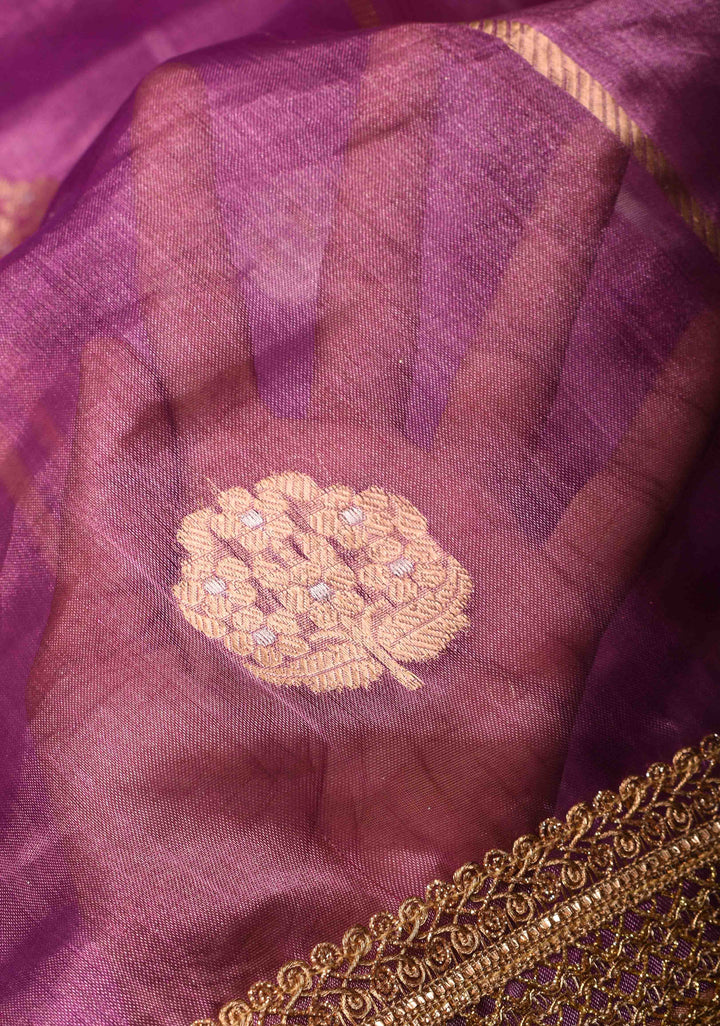 Magenta Banarasi Tissue Handloom Saree with Vertical Sona Rupa and Lace Border | SILK MARK CERTIFIED