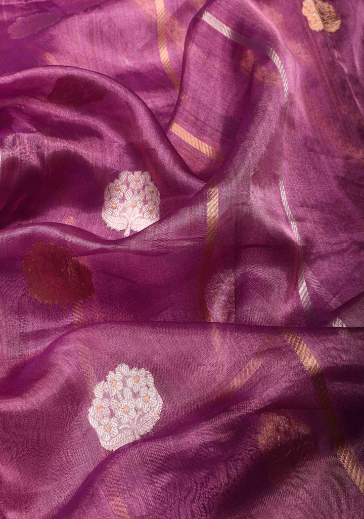 Magenta Banarasi Tissue Handloom Saree with Vertical Sona Rupa and Lace Border | SILK MARK CERTIFIED