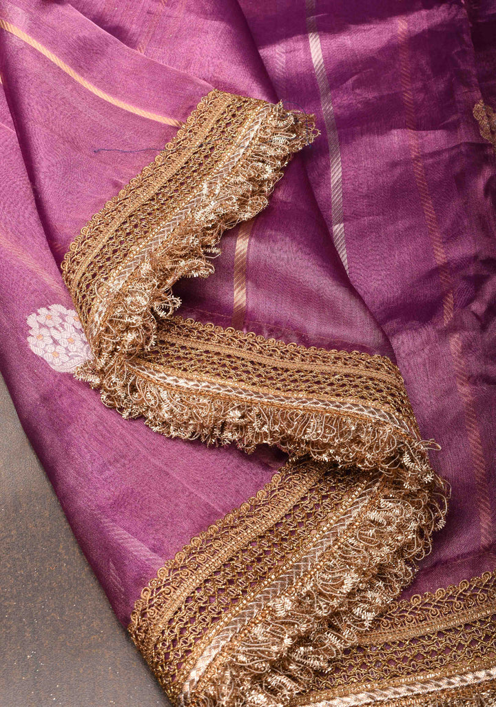 Magenta Banarasi Tissue Handloom Saree with Vertical Sona Rupa and Lace Border | SILK MARK CERTIFIED