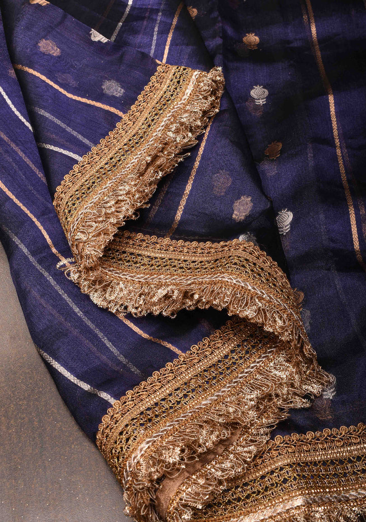 Ink Blue Banarasi Pure Tissue Silk Saree with Sona Rupa Buttas,vertical Stripes and Fancy Lace Trim Border| SILK MARK CERTIFIED