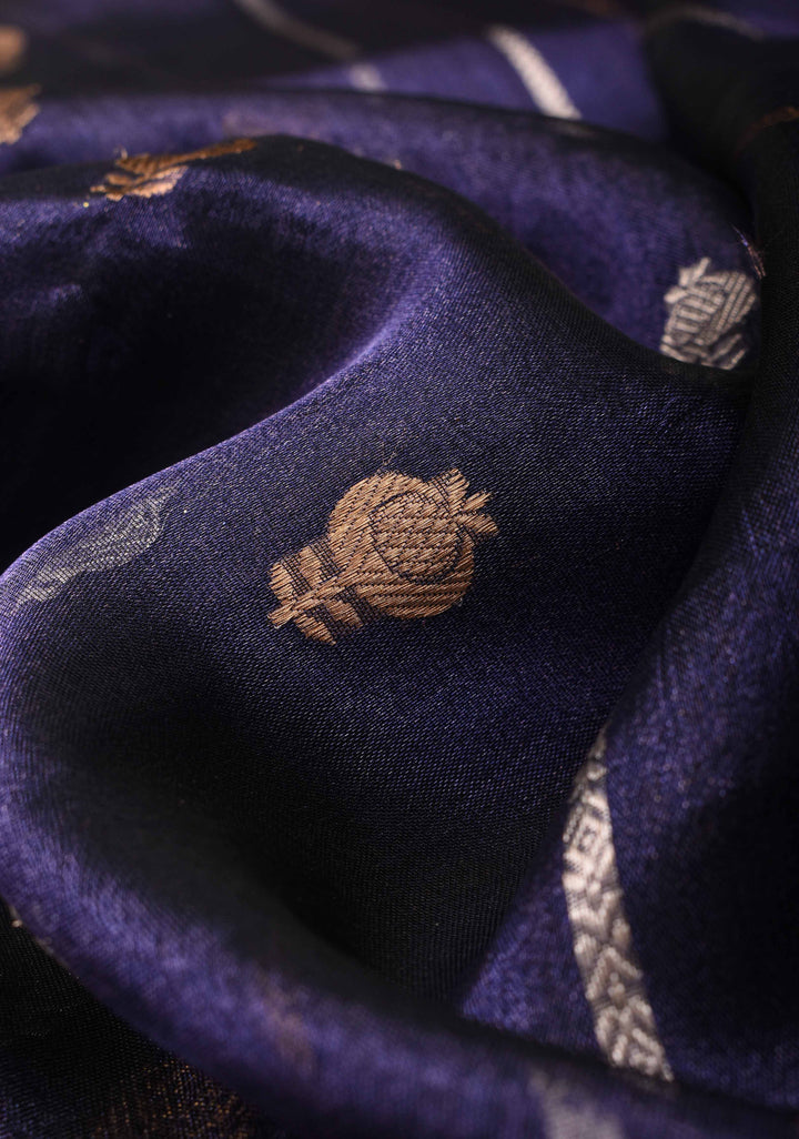 Ink Blue Banarasi Pure Tissue Silk Saree with Sona Rupa Buttas,vertical Stripes and Fancy Lace Trim Border| SILK MARK CERTIFIED