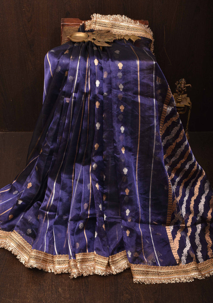 Ink Blue Banarasi Pure Tissue Silk Saree with Sona Rupa Buttas,vertical Stripes and Fancy Lace Trim Border| SILK MARK CERTIFIED