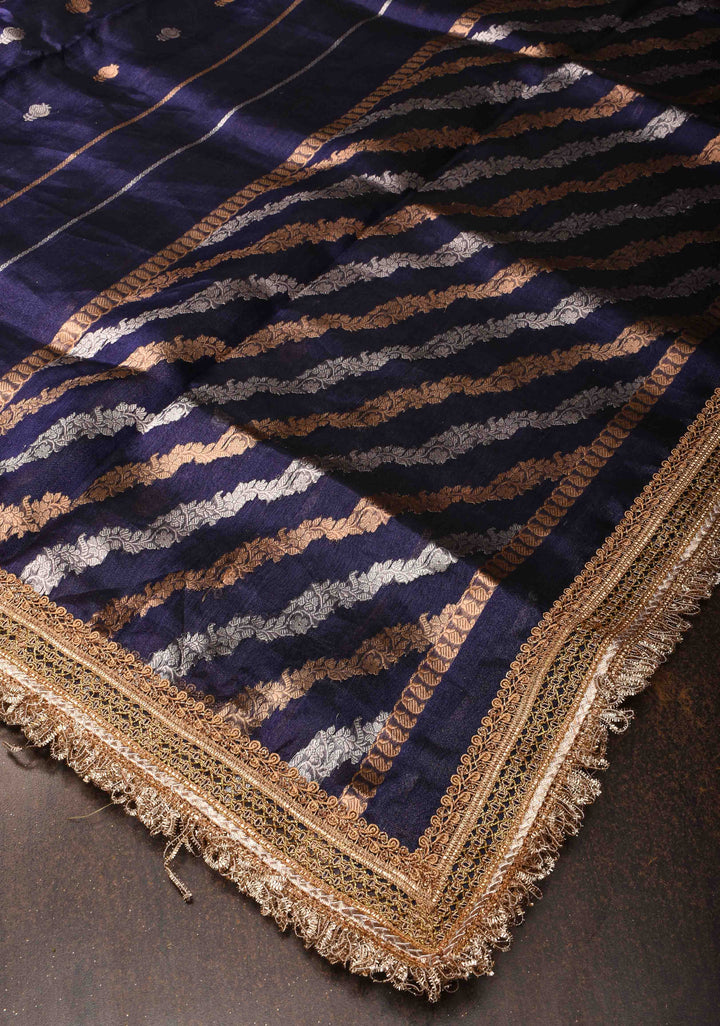 Ink Blue Banarasi Pure Tissue Silk Saree with Sona Rupa Buttas,vertical Stripes and Fancy Lace Trim Border| SILK MARK CERTIFIED