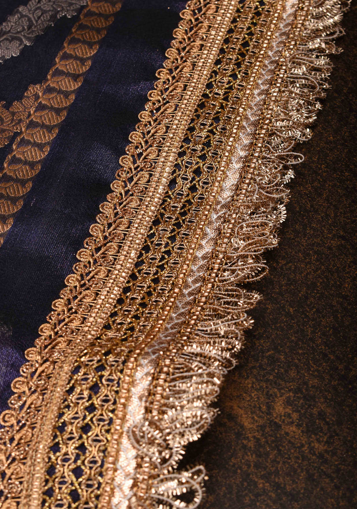 Ink Blue Banarasi Pure Tissue Silk Saree with Sona Rupa Buttas,vertical Stripes and Fancy Lace Trim Border| SILK MARK CERTIFIED