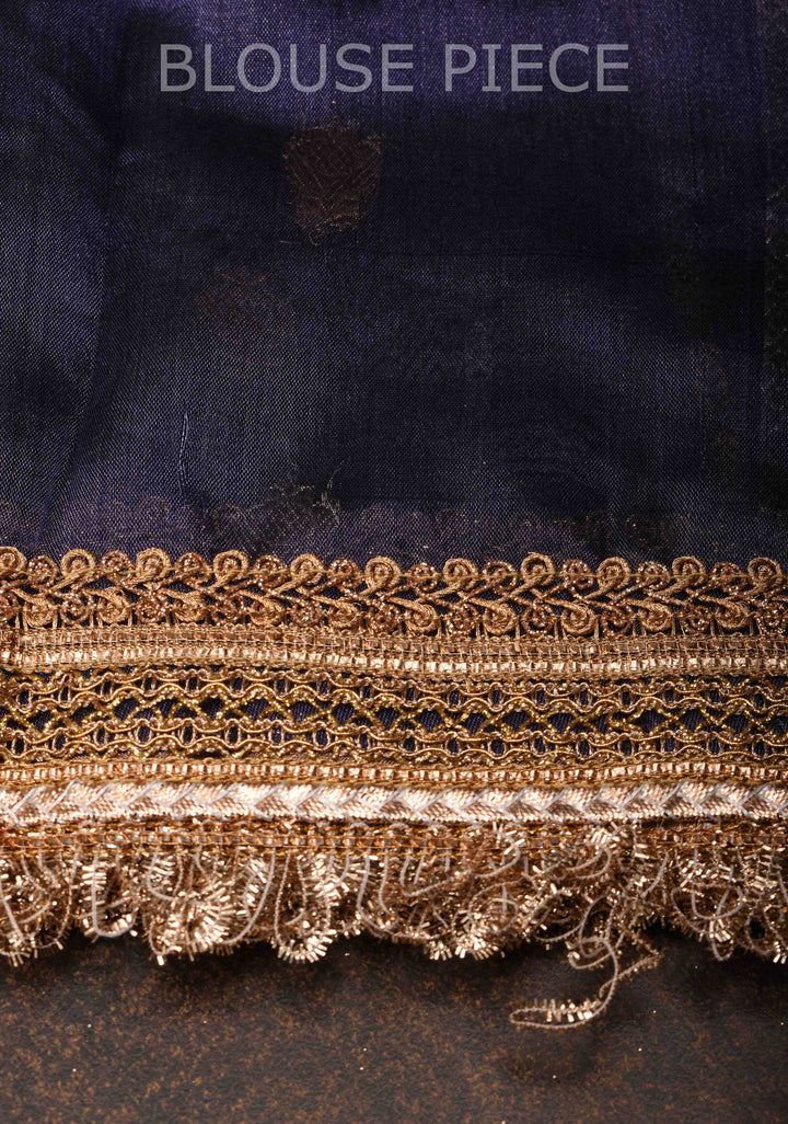 Ink Blue Banarasi Pure Tissue Silk Saree with Sona Rupa Buttas,vertical Stripes and Fancy Lace Trim Border| SILK MARK CERTIFIED