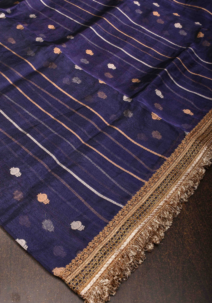 Ink Blue Banarasi Pure Tissue Silk Saree with Sona Rupa Buttas,vertical Stripes and Fancy Lace Trim Border| SILK MARK CERTIFIED