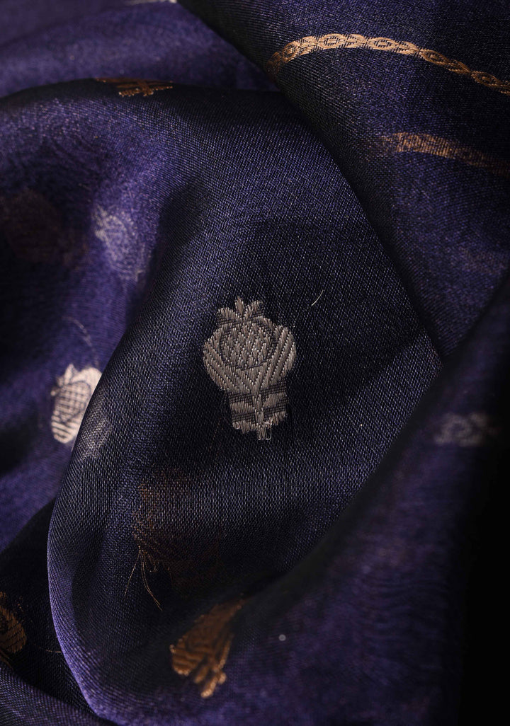 Ink Blue Banarasi Pure Tissue Silk Saree with Sona Rupa Buttas,vertical Stripes and Fancy Lace Trim Border| SILK MARK CERTIFIED