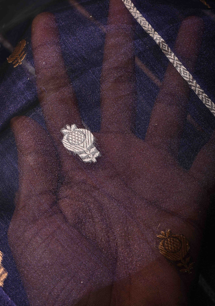 Ink Blue Banarasi Pure Tissue Silk Saree with Sona Rupa Buttas,vertical Stripes and Fancy Lace Trim Border| SILK MARK CERTIFIED