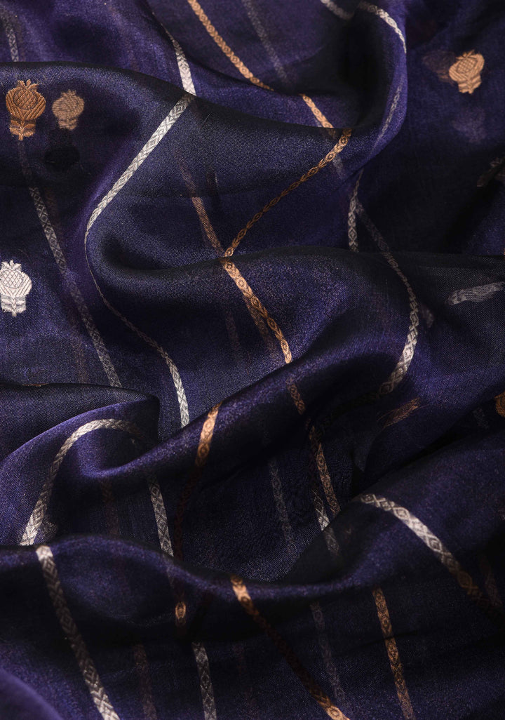 Ink Blue Banarasi Pure Tissue Silk Saree with Sona Rupa Buttas,vertical Stripes and Fancy Lace Trim Border| SILK MARK CERTIFIED