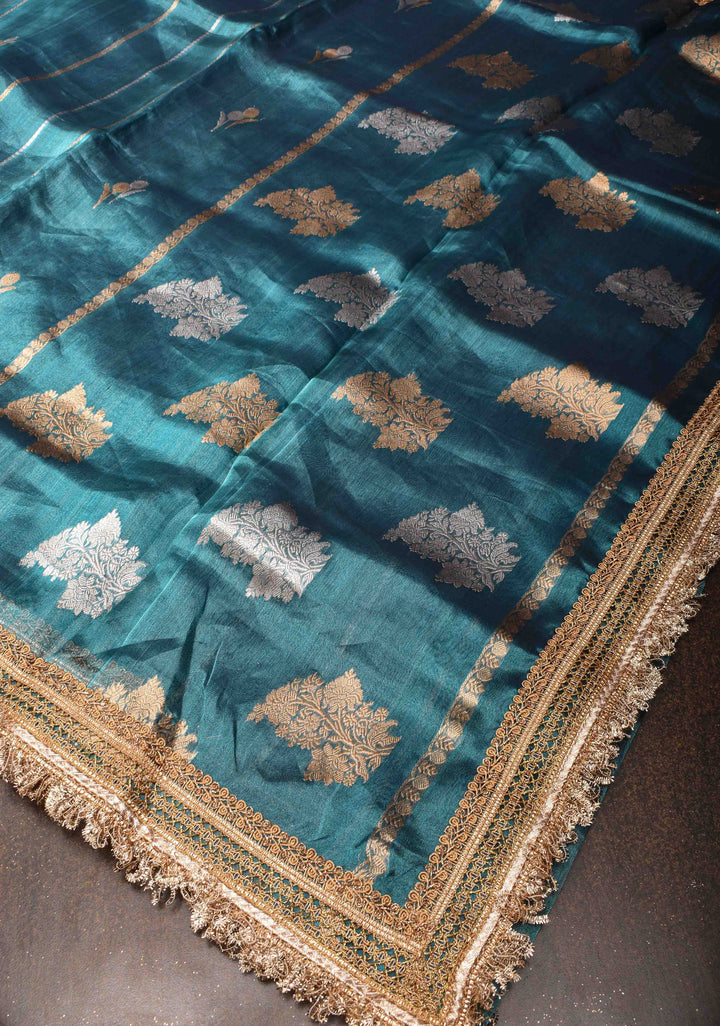 Blueish Cayn Banarasi Tissue Handloom Saree with Vertical Sona Rupa and Lace Border | SILK MARK CERTIFIED