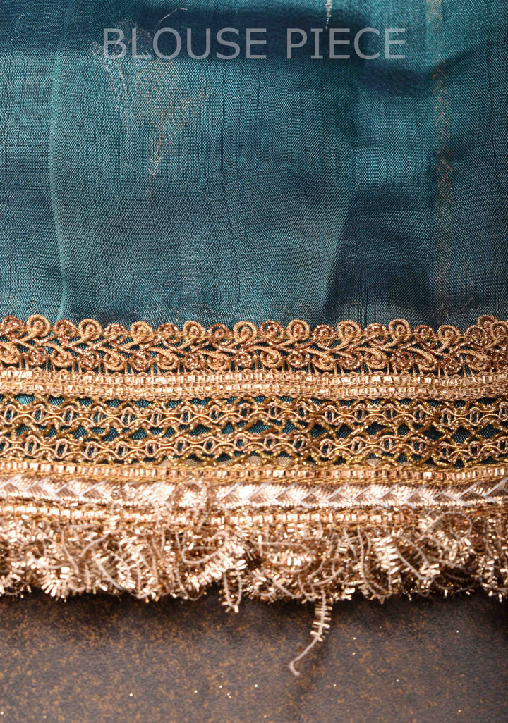 Blueish Cayn Banarasi Tissue Handloom Saree with Vertical Sona Rupa and Lace Border | SILK MARK CERTIFIED