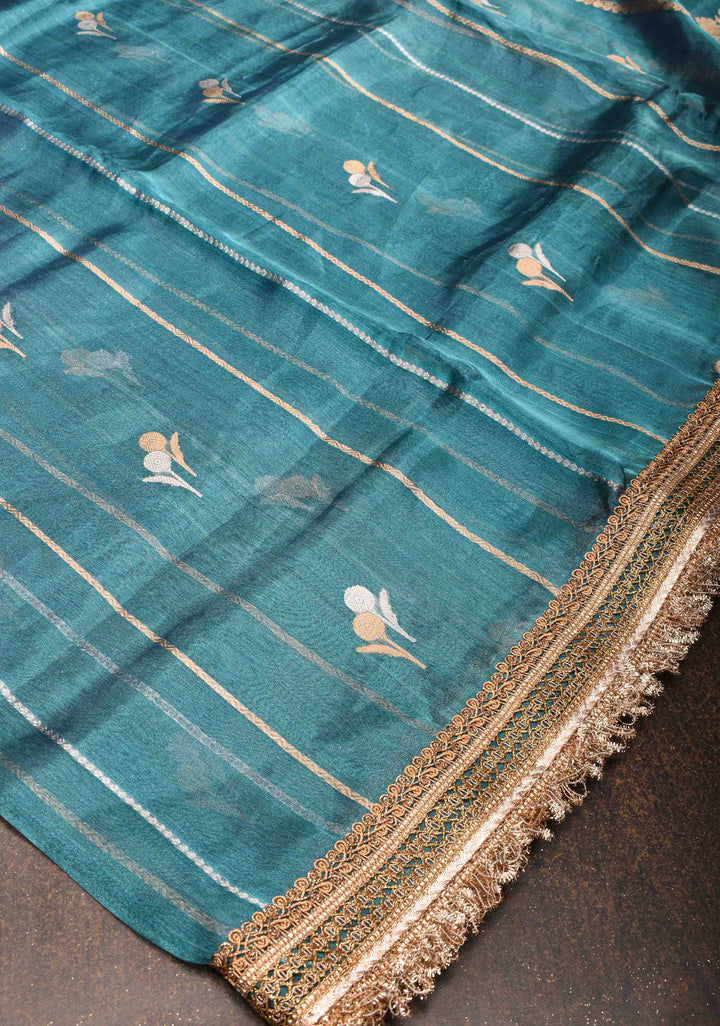 Blueish Cayn Banarasi Tissue Handloom Saree with Vertical Sona Rupa and Lace Border | SILK MARK CERTIFIED