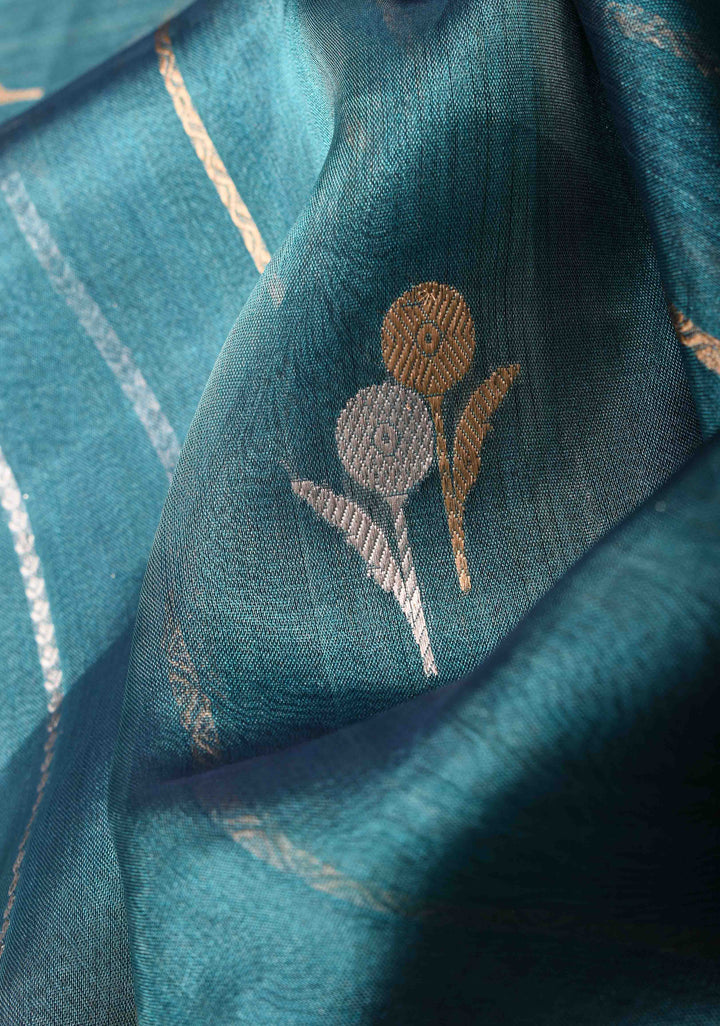 Blueish Cayn Banarasi Tissue Handloom Saree with Vertical Sona Rupa and Lace Border | SILK MARK CERTIFIED
