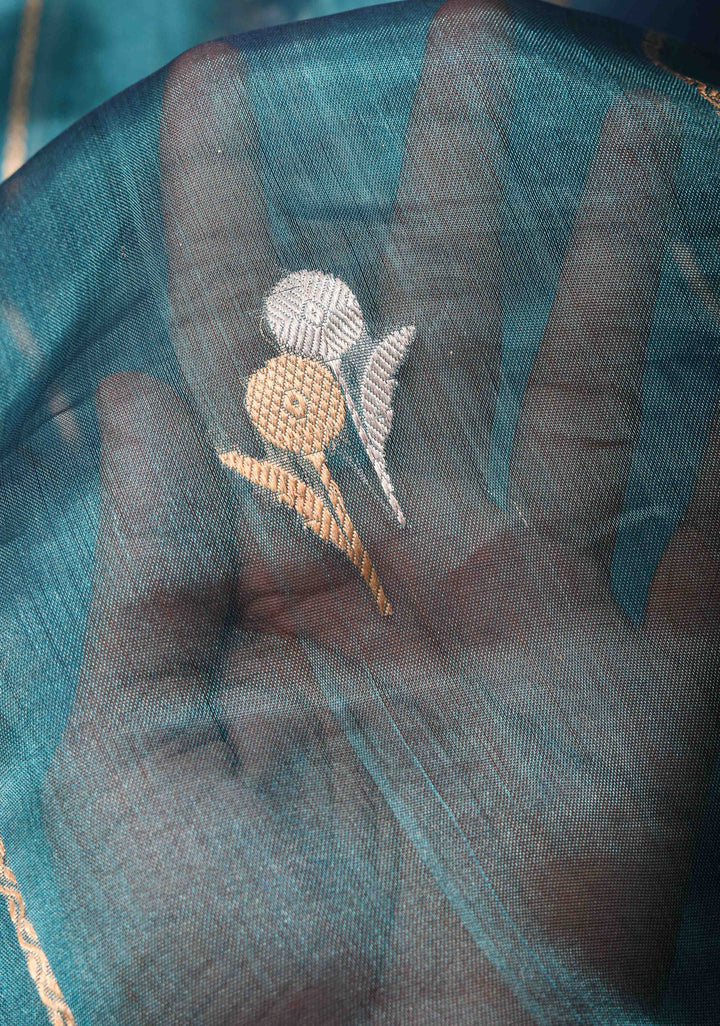 Blueish Cayn Banarasi Tissue Handloom Saree with Vertical Sona Rupa and Lace Border | SILK MARK CERTIFIED