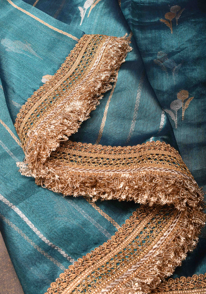 Blueish Cayn Banarasi Tissue Handloom Saree with Vertical Sona Rupa and Lace Border | SILK MARK CERTIFIED