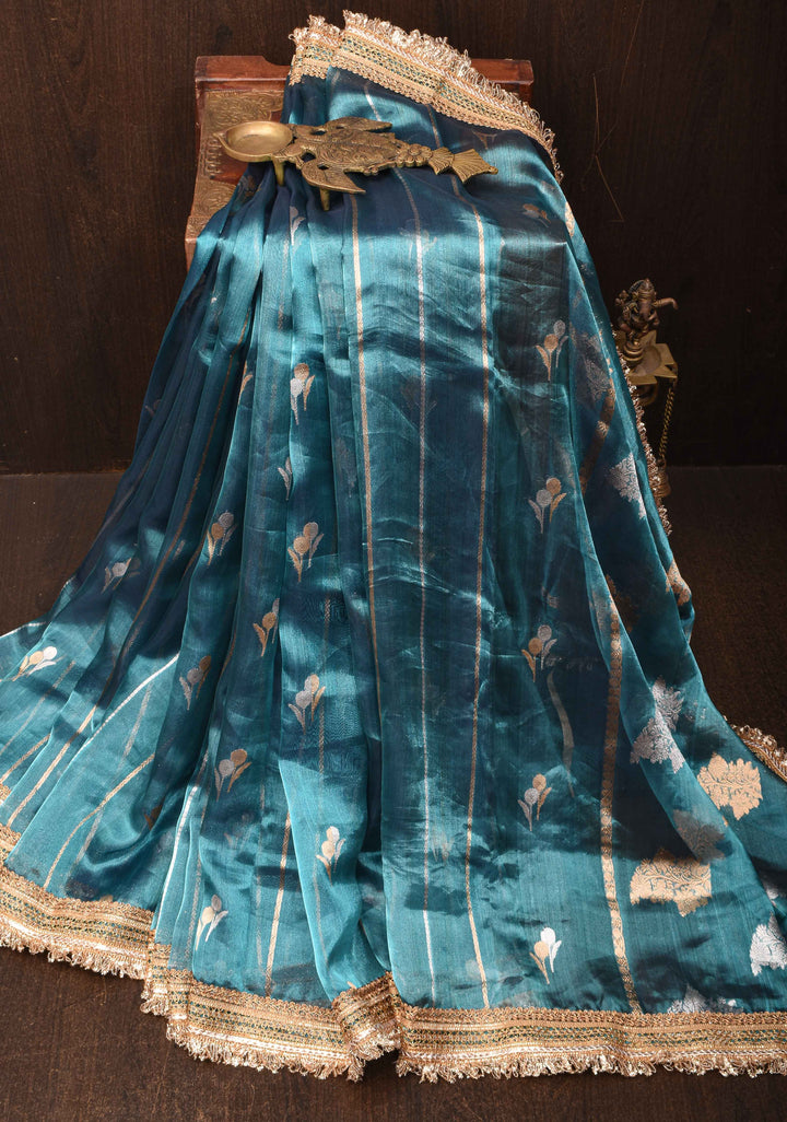 Blueish Cayn Banarasi Tissue Handloom Saree with Vertical Sona Rupa and Lace Border | SILK MARK CERTIFIED