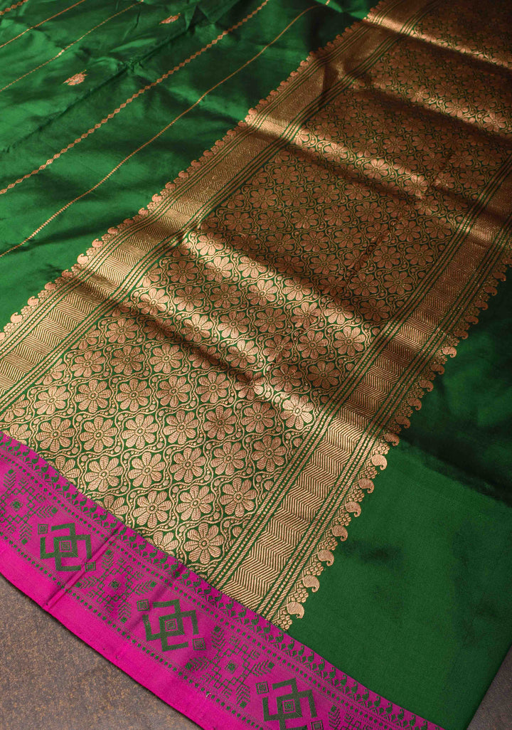 Forest Green Banarasi Lightweight Katan silk saree with Vertical Stripes, Alfi Floral Buttas and Meenakari Resham Border | SILK MARK CERTIFIED