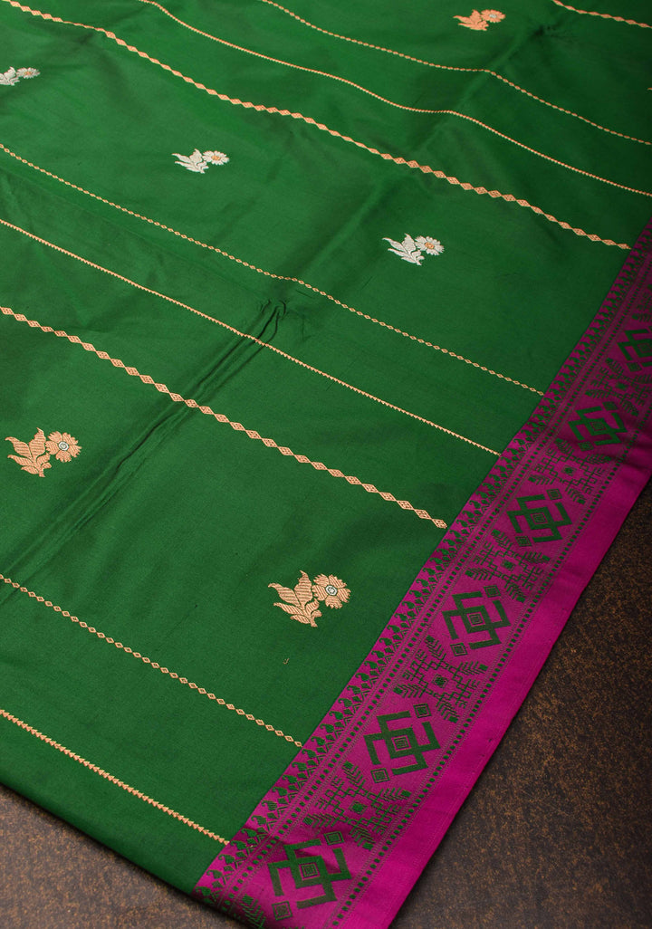 Forest Green Banarasi Lightweight Katan silk saree with Vertical Stripes, Alfi Floral Buttas and Meenakari Resham Border | SILK MARK CERTIFIED