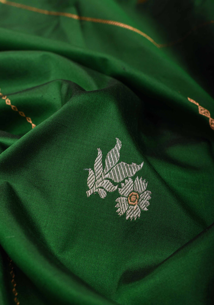 Forest Green Banarasi Lightweight Katan silk saree with Vertical Stripes, Alfi Floral Buttas and Meenakari Resham Border | SILK MARK CERTIFIED