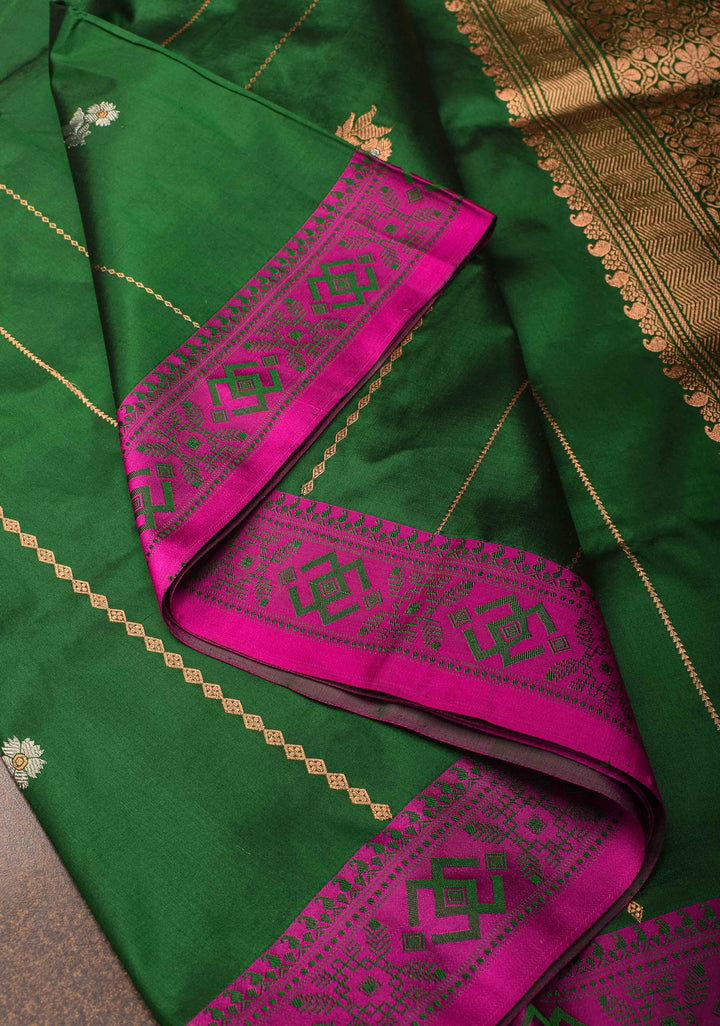 Forest Green Banarasi Lightweight Katan silk saree with Vertical Stripes, Alfi Floral Buttas and Meenakari Resham Border | SILK MARK CERTIFIED