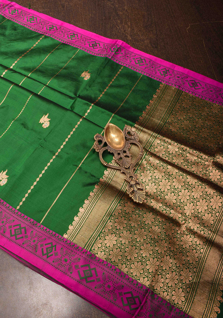 Forest Green Banarasi Lightweight Katan silk saree with Vertical Stripes, Alfi Floral Buttas and Meenakari Resham Border | SILK MARK CERTIFIED