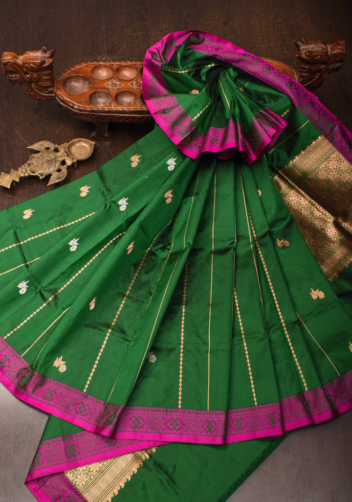 Forest Green Banarasi Lightweight Katan silk saree with Vertical Stripes, Alfi Floral Buttas and Meenakari Resham Border | SILK MARK CERTIFIED