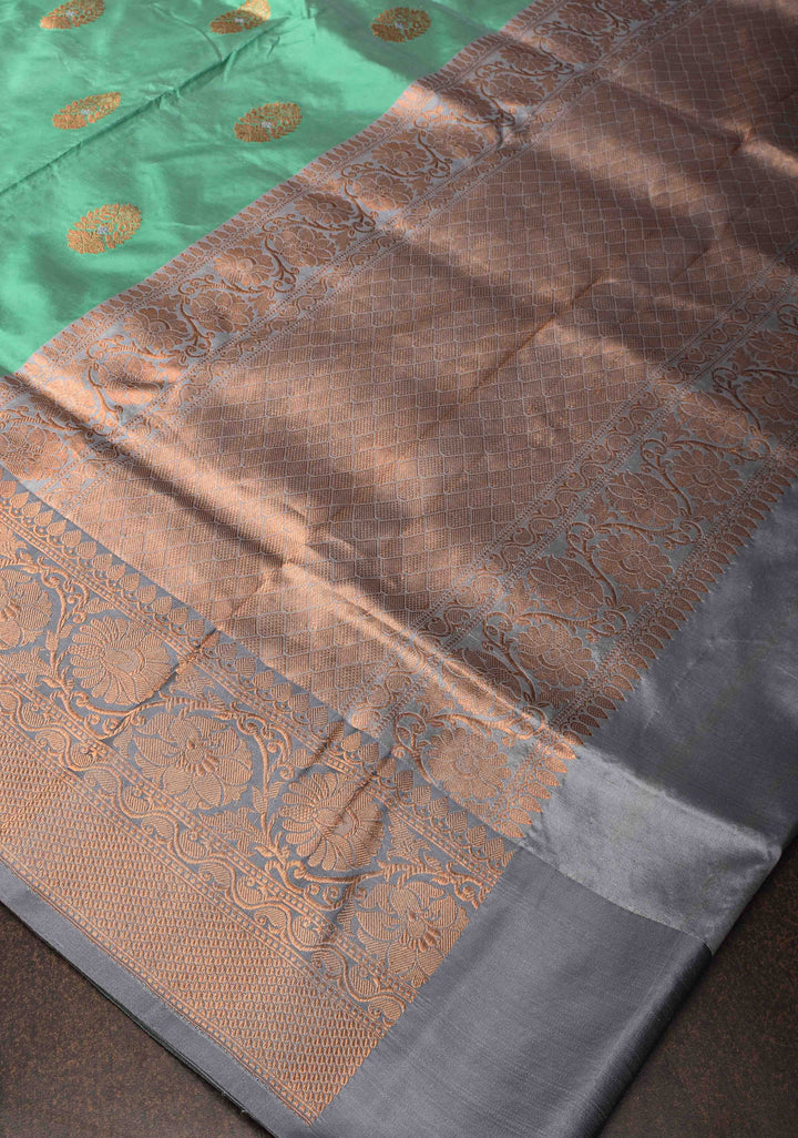 Tea Green Banarasi Katan silk saree with Damask Alfi Buttas and Contrast Border | SILK MARK CERTIFIED