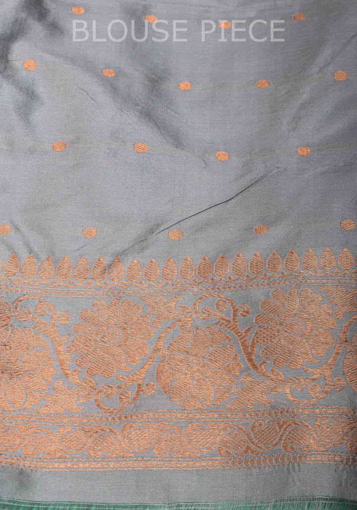 Tea Green Banarasi Katan silk saree with Damask Alfi Buttas and Contrast Border | SILK MARK CERTIFIED