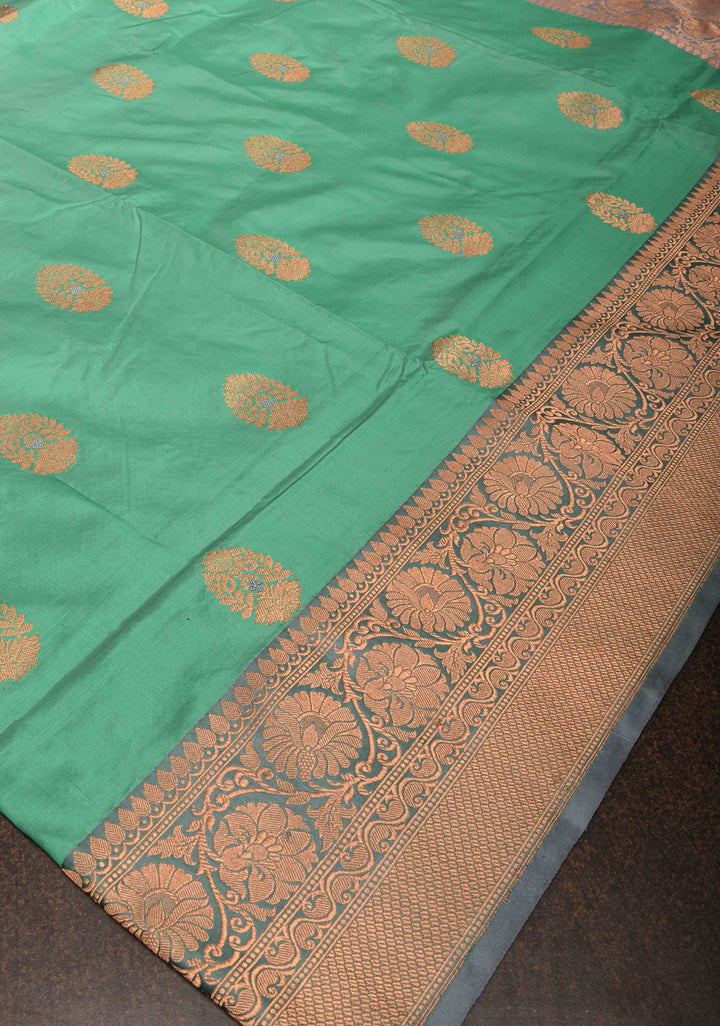 Tea Green Banarasi Katan silk saree with Damask Alfi Buttas and Contrast Border | SILK MARK CERTIFIED