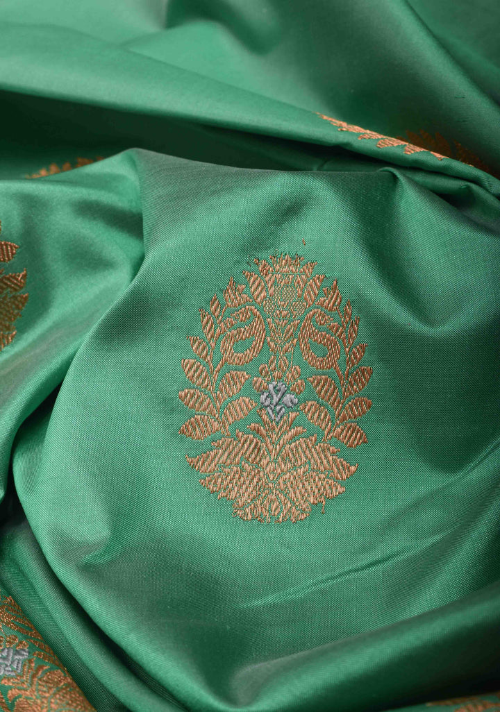 Tea Green Banarasi Katan silk saree with Damask Alfi Buttas and Contrast Border | SILK MARK CERTIFIED
