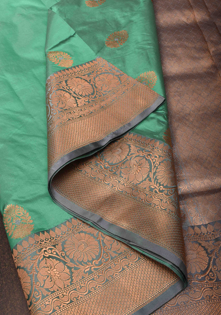 Tea Green Banarasi Katan silk saree with Damask Alfi Buttas and Contrast Border | SILK MARK CERTIFIED