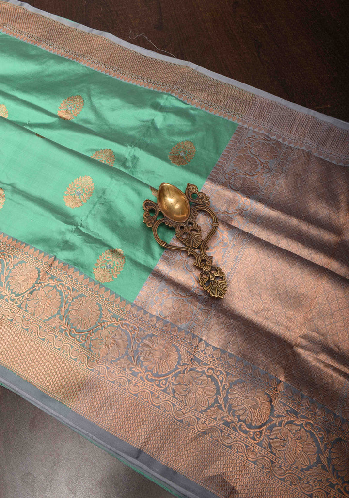 Tea Green Banarasi Katan silk saree with Damask Alfi Buttas and Contrast Border | SILK MARK CERTIFIED