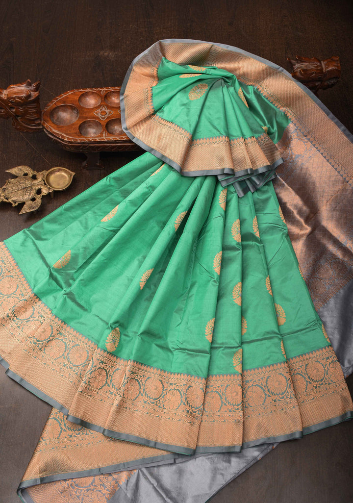 Tea Green Banarasi Katan silk saree with Damask Alfi Buttas and Contrast Border | SILK MARK CERTIFIED