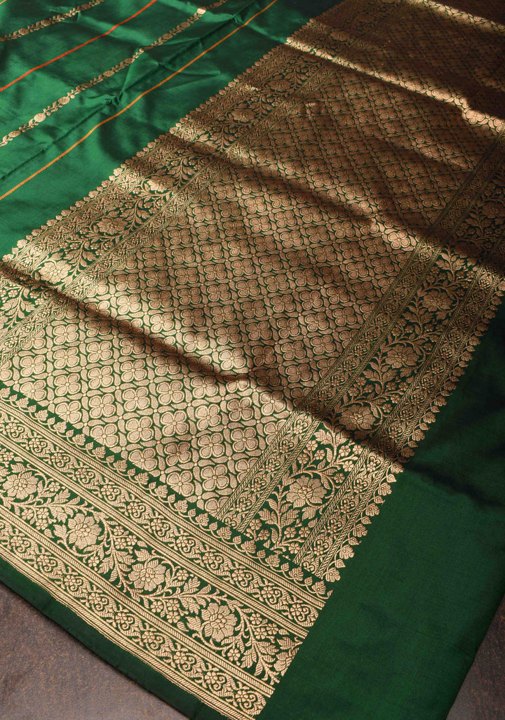 Bottle Green Banarasi Katan silk saree with Vertical Sona Rupa Stripes And Zari Border | SILK MARK CERTIFIED