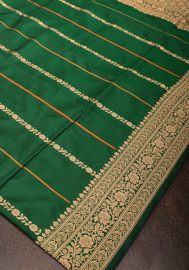 Bottle Green Banarasi Katan silk saree with Vertical Sona Rupa Stripes And Zari Border | SILK MARK CERTIFIED
