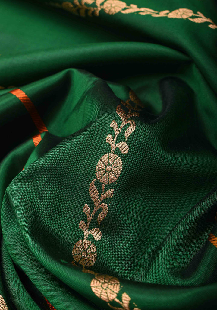 Bottle Green Banarasi Katan silk saree with Vertical Sona Rupa Stripes And Zari Border | SILK MARK CERTIFIED
