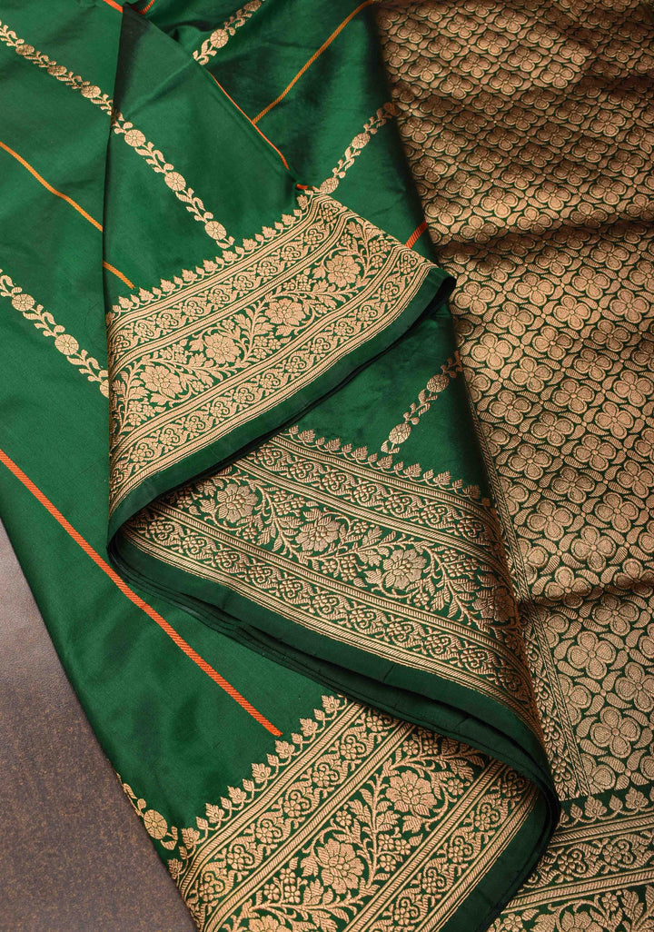 Bottle Green Banarasi Katan silk saree with Vertical Sona Rupa Stripes And Zari Border | SILK MARK CERTIFIED