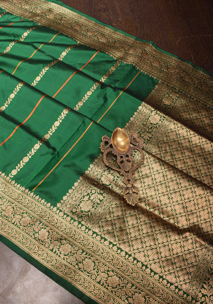 Bottle Green Banarasi Katan silk saree with Vertical Sona Rupa Stripes And Zari Border | SILK MARK CERTIFIED