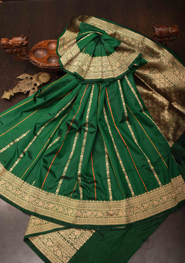Bottle Green Banarasi Katan silk saree with Vertical Sona Rupa Stripes And Zari Border | SILK MARK CERTIFIED