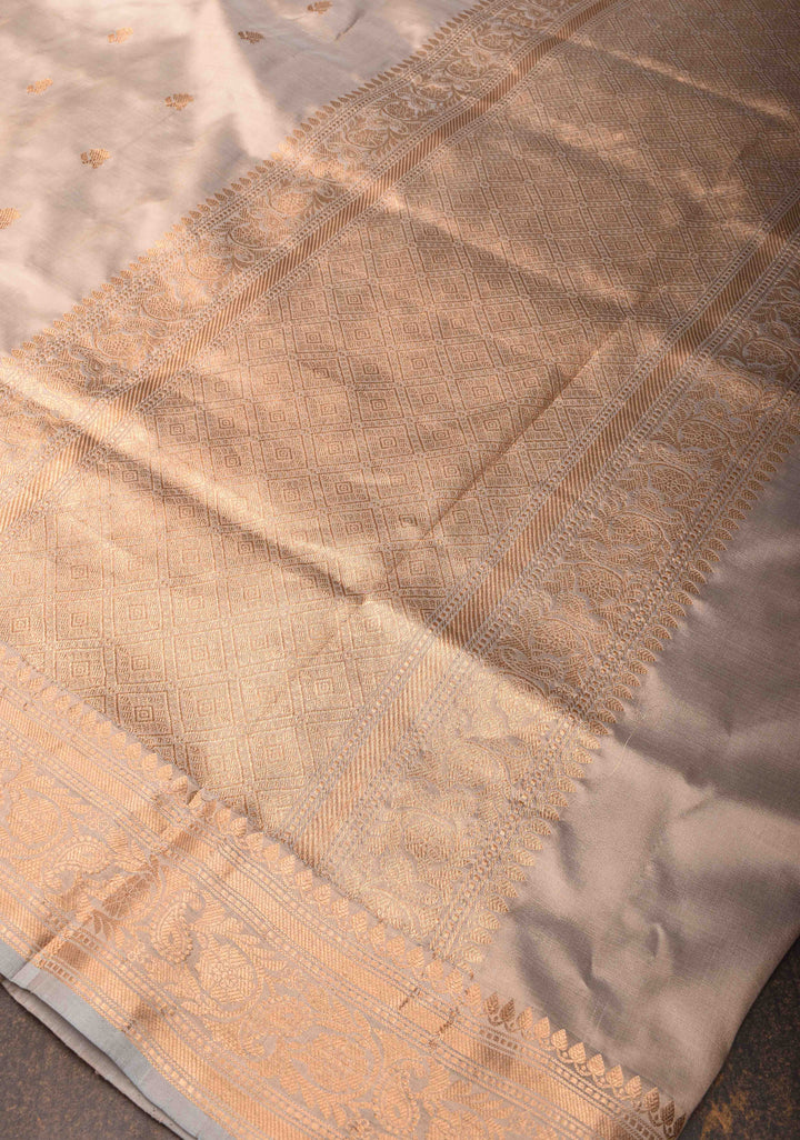 Mushroom Beige Banarasi Light Weight Katan silk saree with Zari Buttas and Zari Border | SILK MARK CERTIFIED